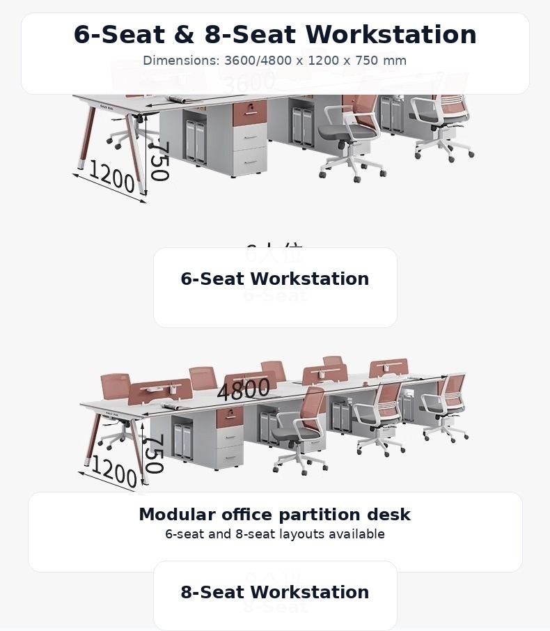 Screen workstation desk sizes 6-person and 8-person
